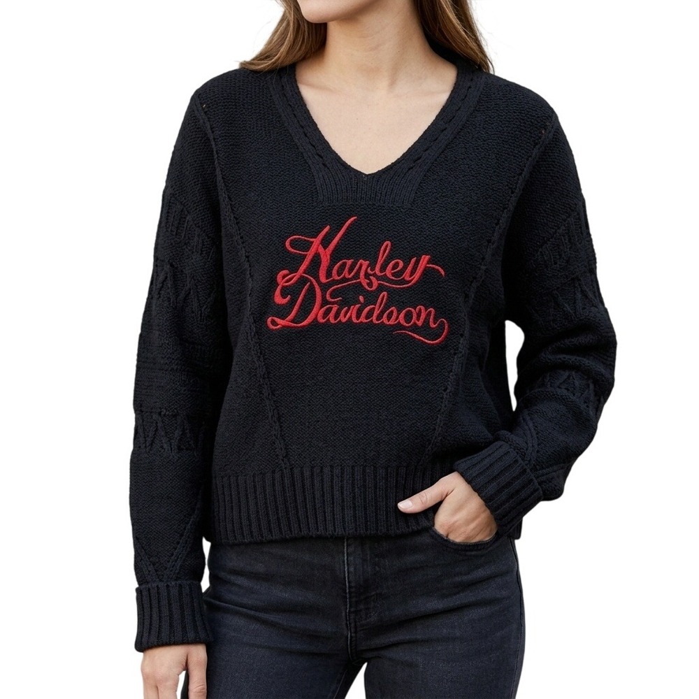 Harley Davidson Women's Size Large‎ Black Knit V-Neck Biker Pullover Sweater